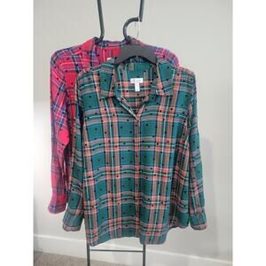 Denim & Co Lrg Set Of 2 Red & Green Plaid Button Front Shirt W/ Flocked Dot EUC